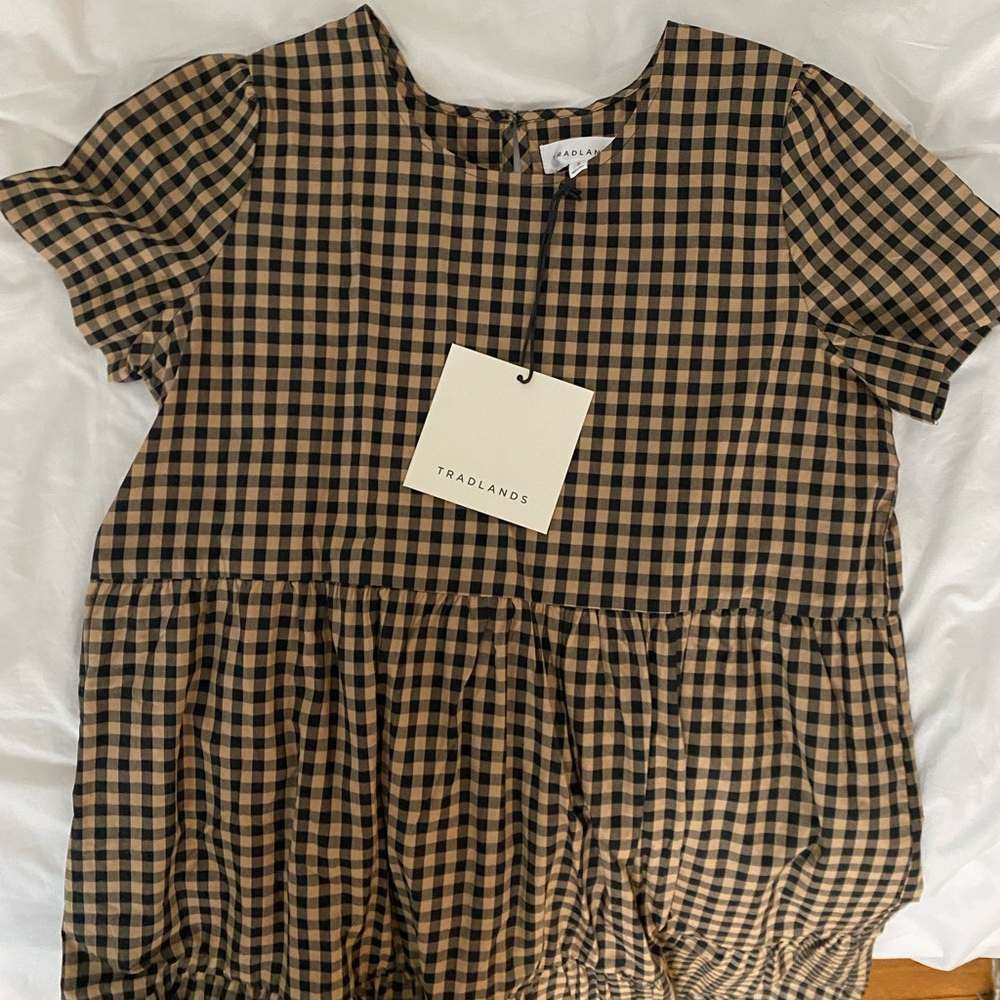 Tradlands Tan and Black Gingham Short-Sleeve Dress